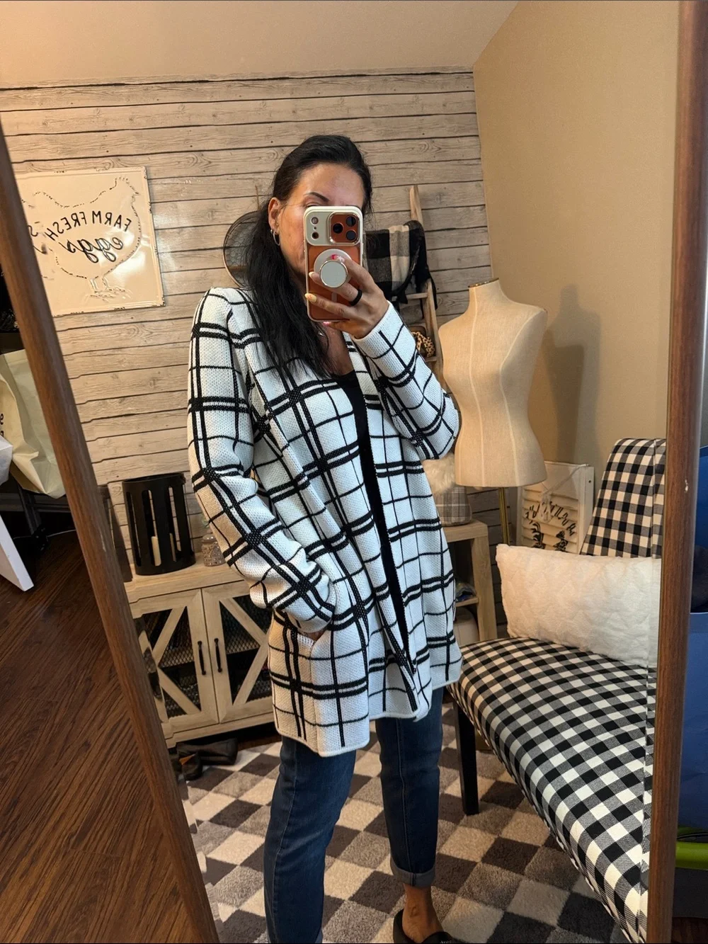 Black & White Windowpane Open Knit Cardigan